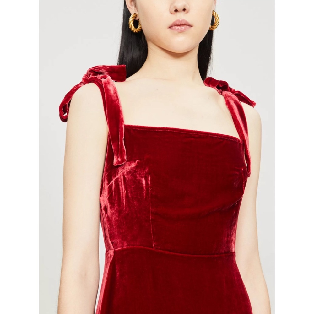 $218 Reformation Red Velvet Ruffle Hem Smocked Back Sleeveless Mini Dress Sz 10 - Picture 3 of 12